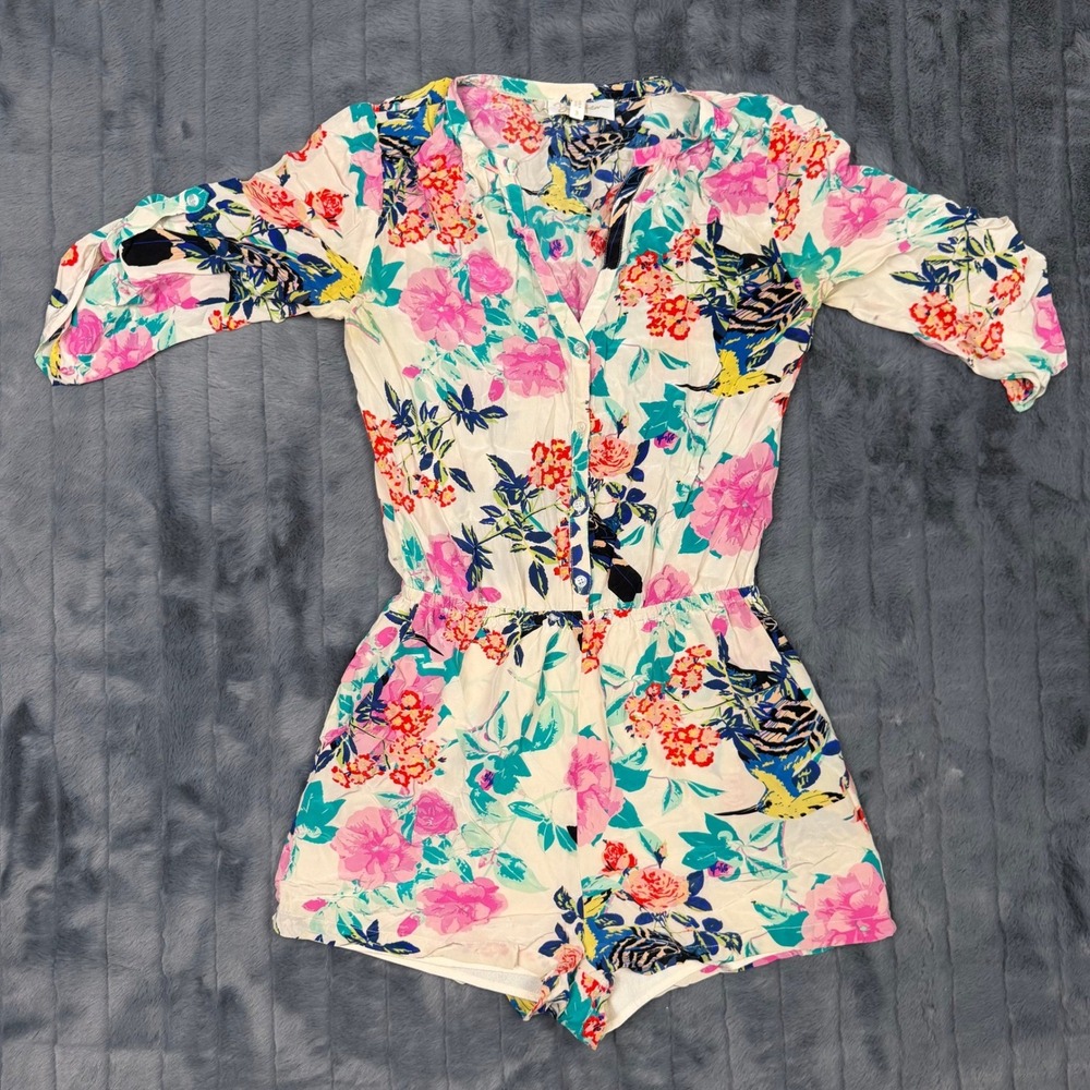 Yumi Kim Floral Button Front Romper Ivory Pink Blue Yellow Womens Small